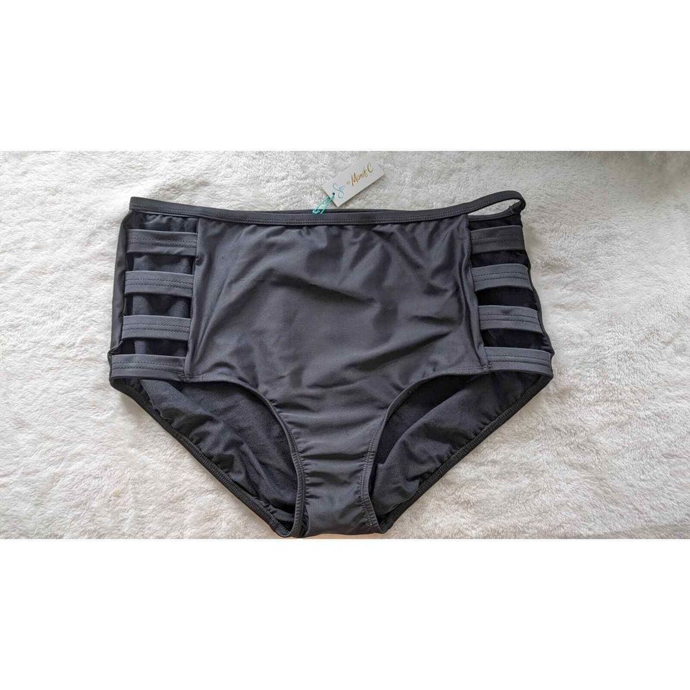 Monif C Swim Guyana Bikini Bottoms Black Strappy, Size 18